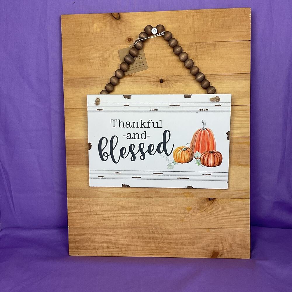 Collins "Thankful and Blessed" Hanging Wall Sign - Beaded Handle Fall Decor